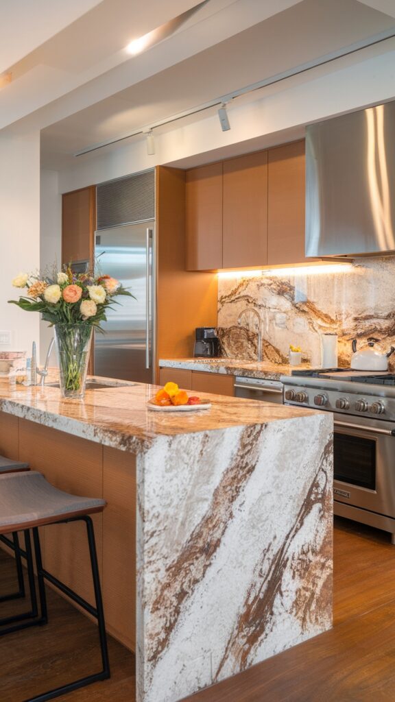 brown countertop kitchen w waterfall edges