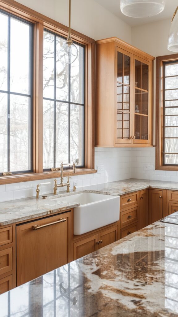 "Warm & Inviting: Brown Granite Countertops with Natural Wood Cabinets"