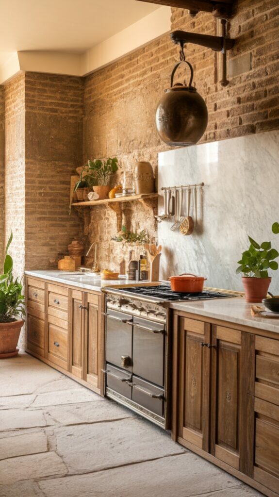 earthy kitchen idea with natural stone flooring