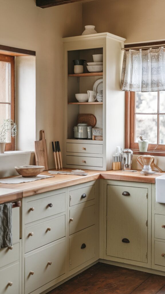 earthy kitchen with Vintage Sage Green Cottage Kitchen style