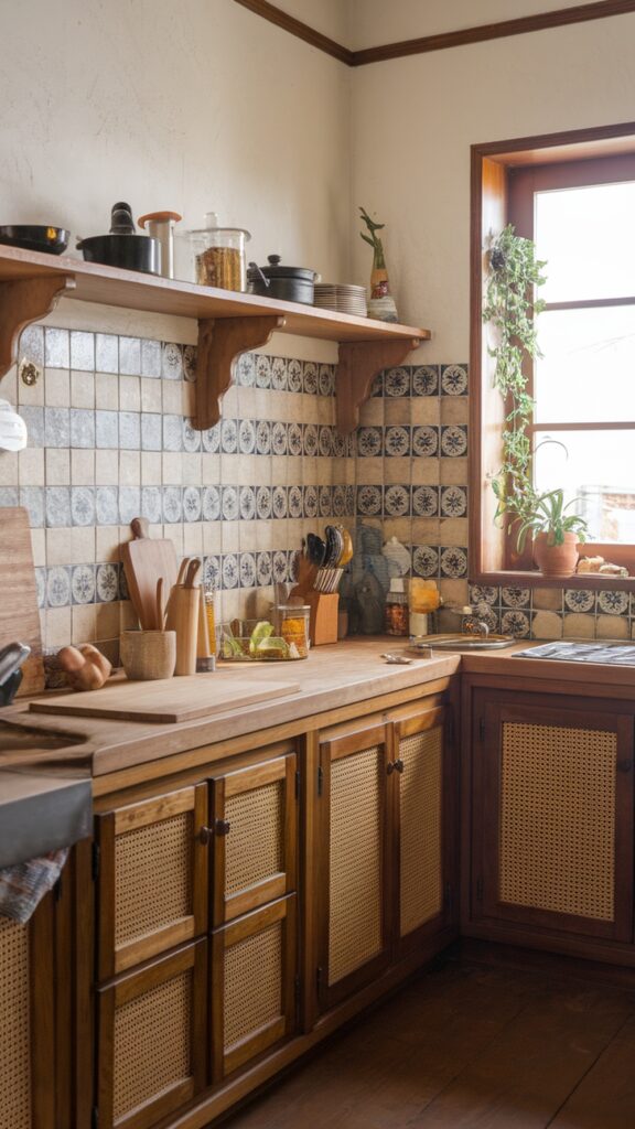 earthy kitchen European Rustic Kitchen with Hand-Painted Tile Backsplash