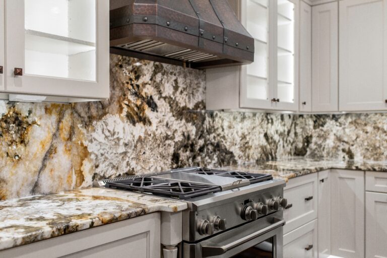 brown and white granite countertop