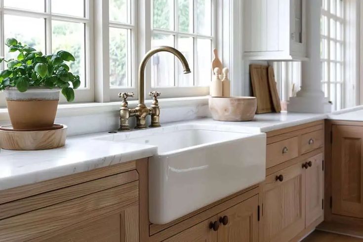 white marble kitchen with a farmhouse white sink