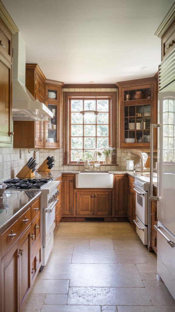 A beautifully designed traditional kitchen featuring rich wood cabinetry, brown granite countertops, and a farmhouse sink under a large window