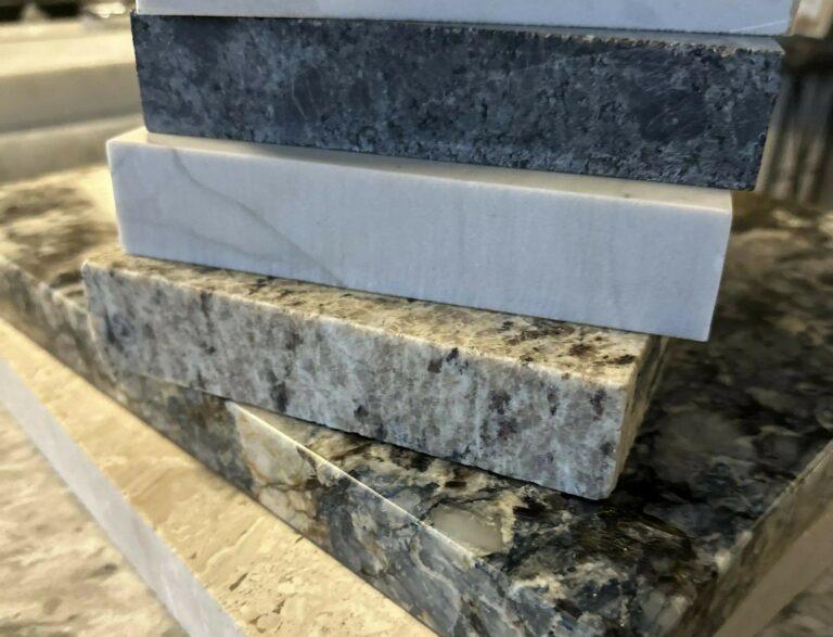 Different types of granite slabs with various colors and patterns