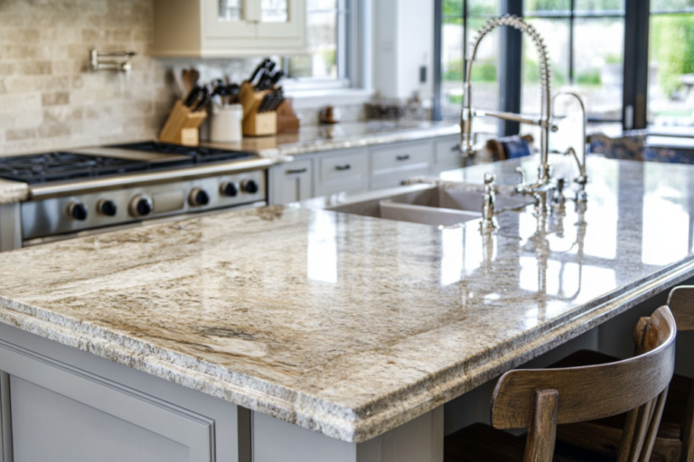 Modern kitchen with polished granite countertops in a bright space.